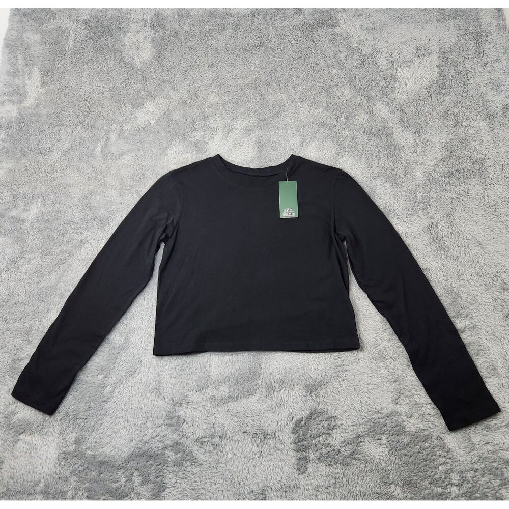Wild Fable Shirt Juniors XS Black Long Sleeve Crop Top Cotton Crew Neck Solid